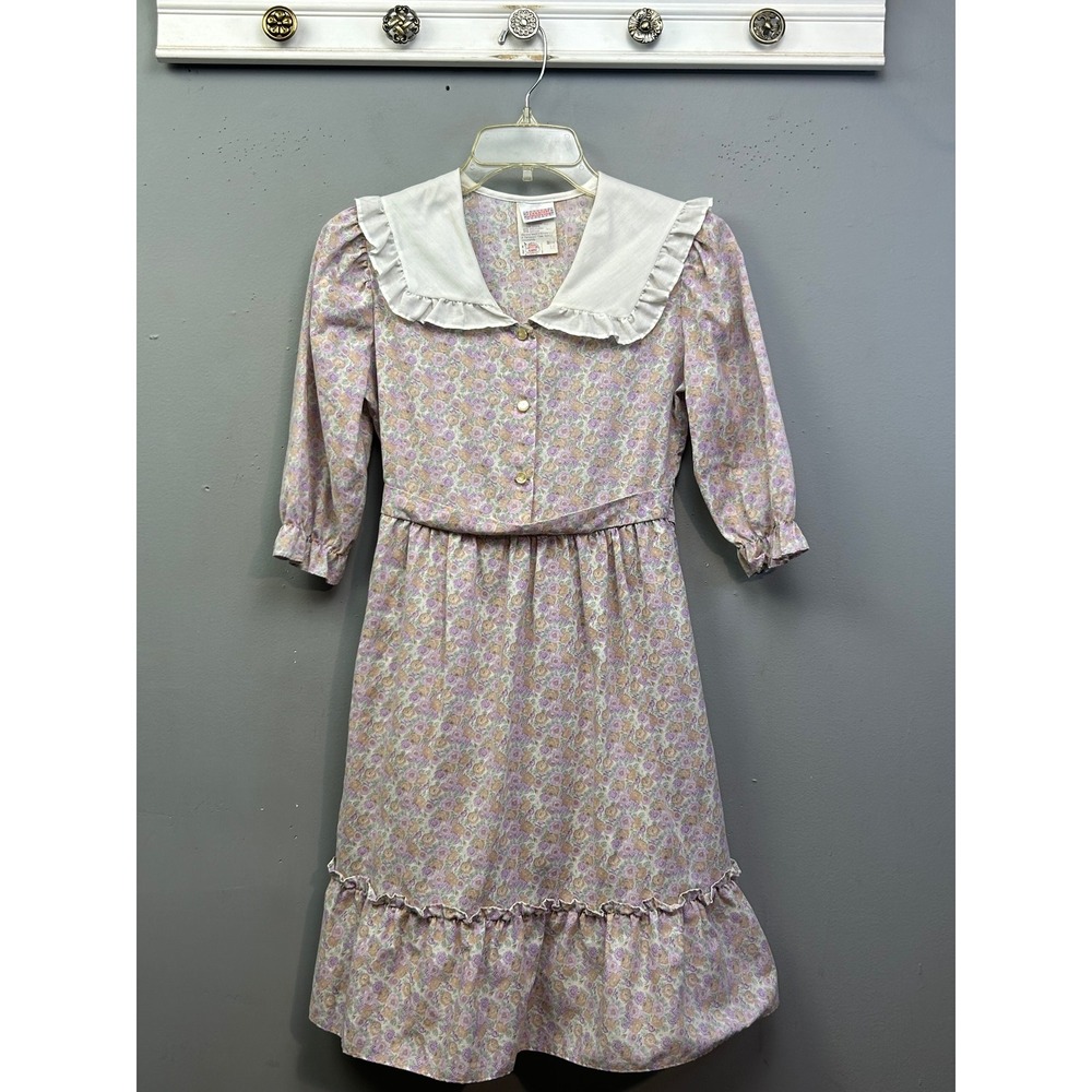Carrousel Dress Girls 12 Purple Floral Vintage Ruffle Collar ILGWU Made in USA
